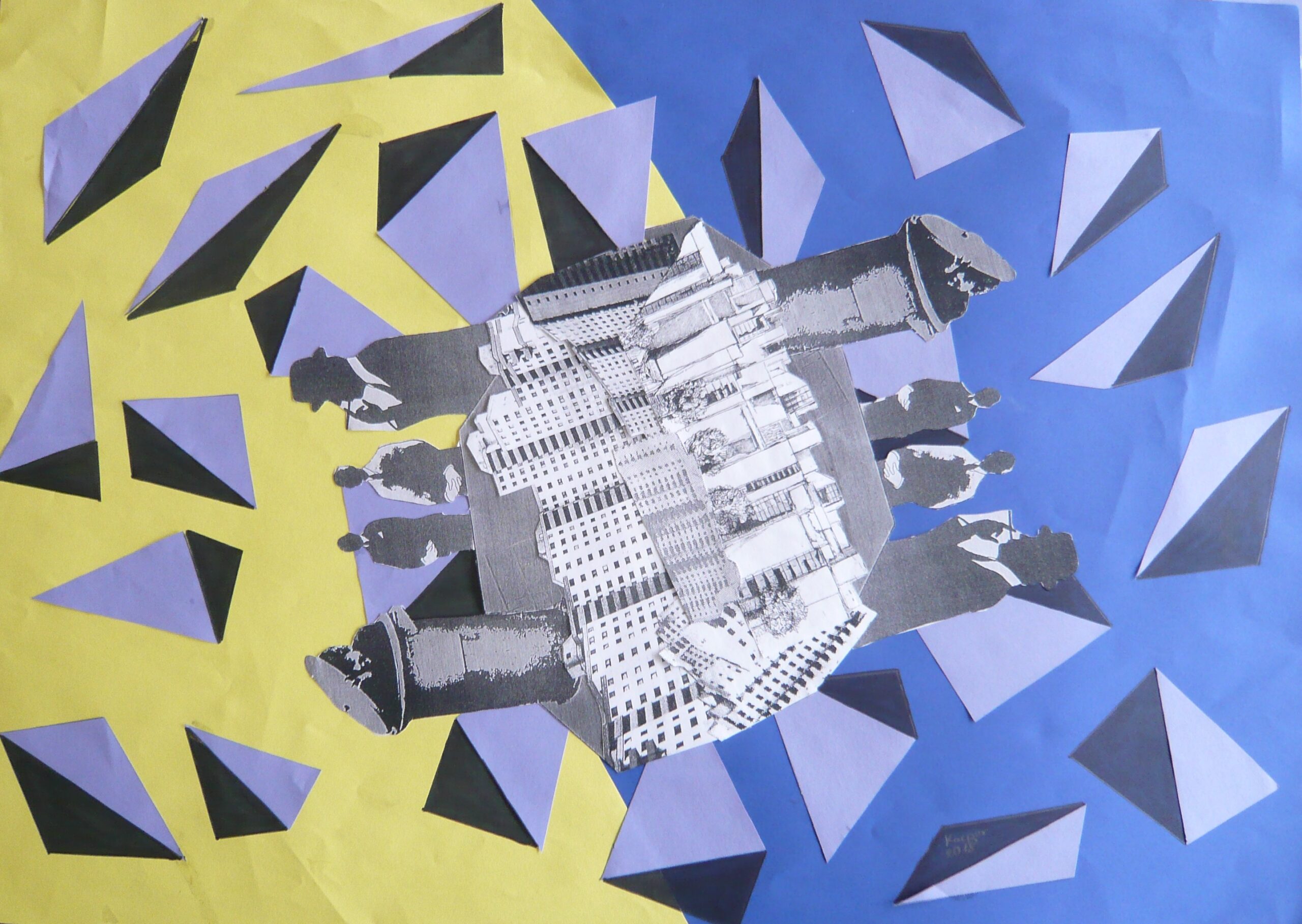 Graphothek Berlin - Collage in gelb und blau mit geometrischen Elementen und mittig Fassaden von Hochhäusern des Märkischen Viertels