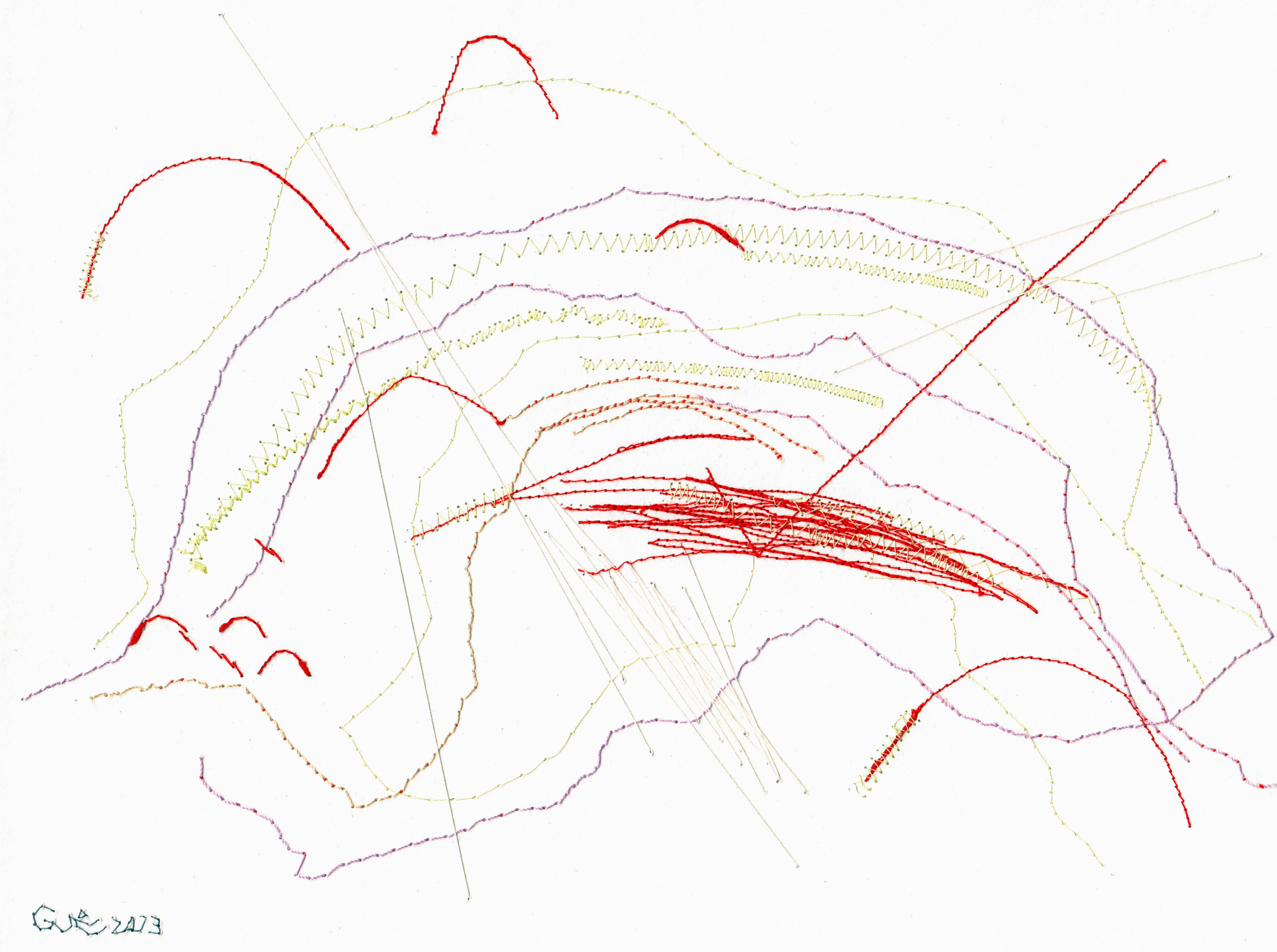 Graphothek Berlin - Eine abstrakte Landschaft, mit Garn auf Papier gestickt.